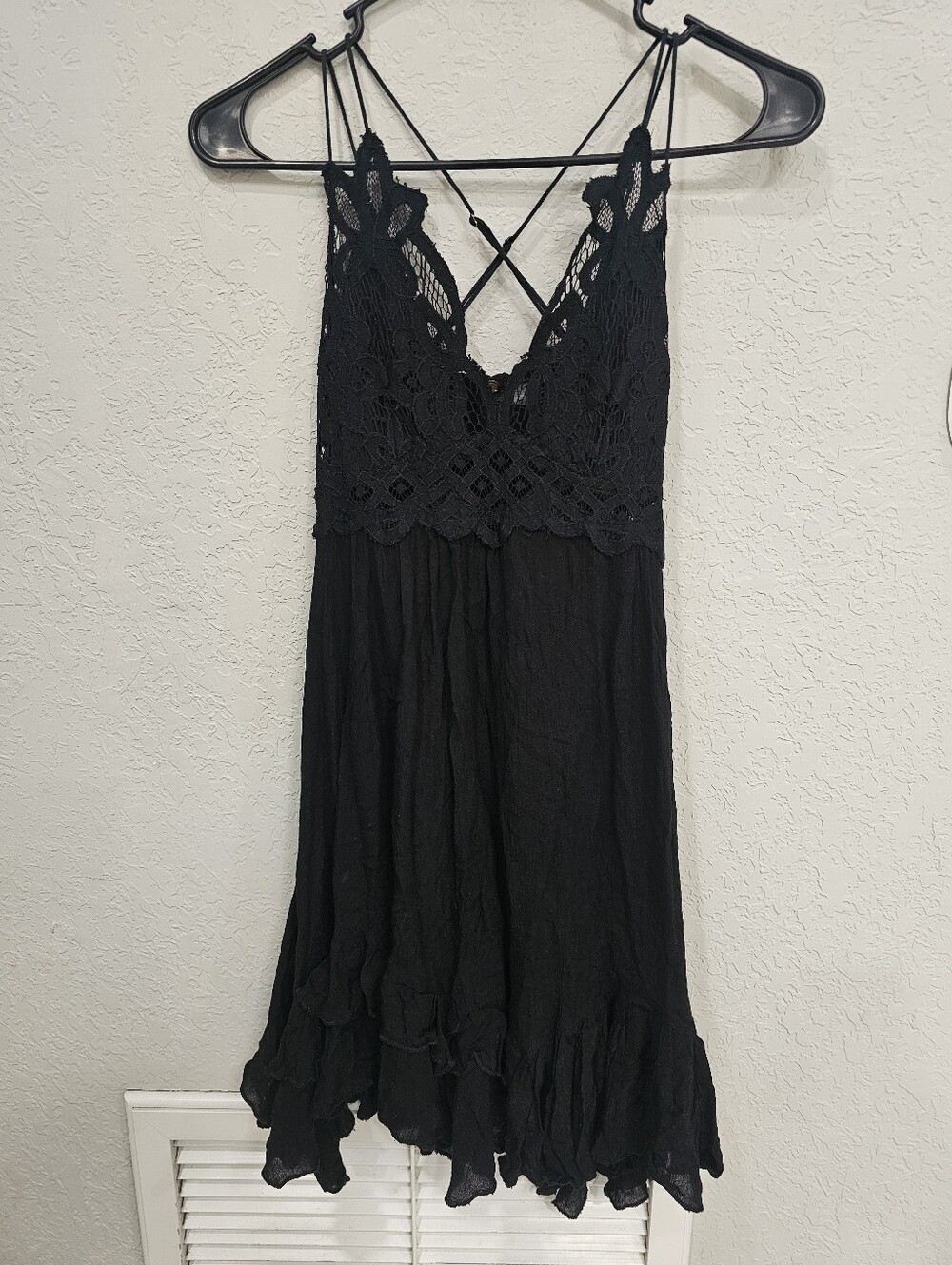 Free People FP One Black Lace Mini Dress XS Boho Slip Dress Tiered Sundress